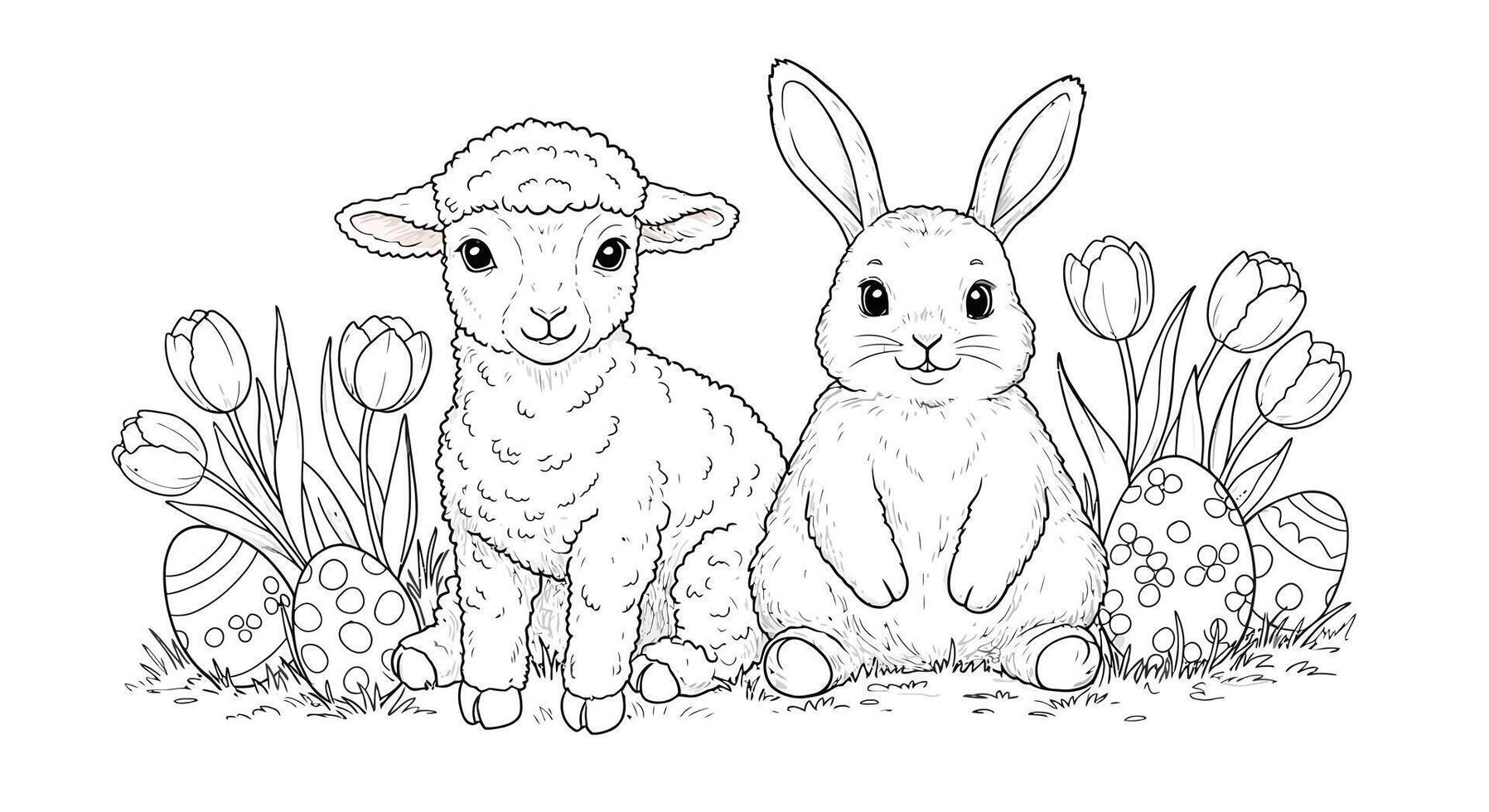 A High-Quality Outline of a Fluffy Lamb and a Playful Easter Bunny Sitting Together Surrounded by Tulips and Decorated Easter Egg vector