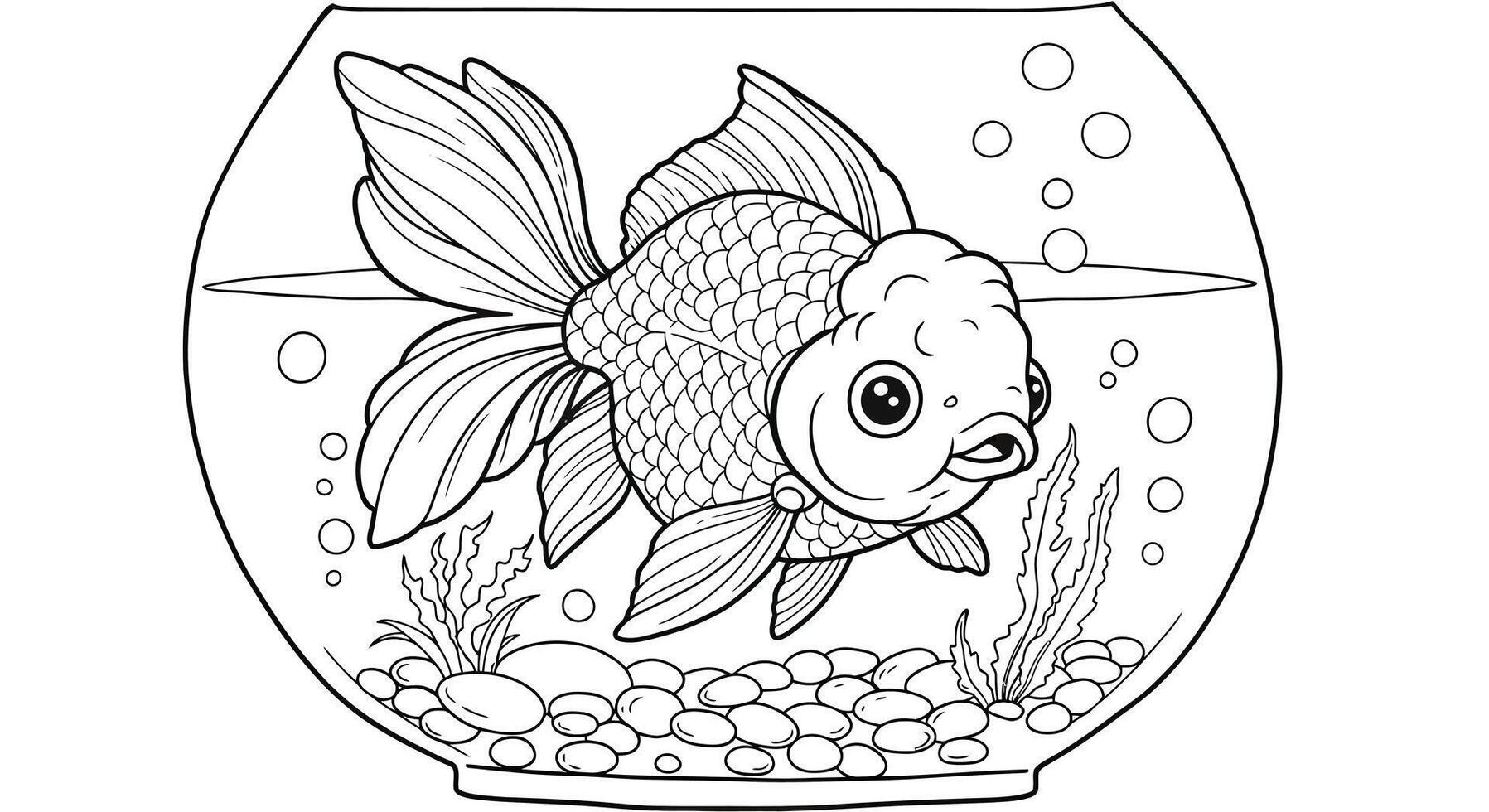 A Goldfish With Flowing Fins and a Cheerful Face Swimming in a Bowl With Pebbles and a Small Plant vector