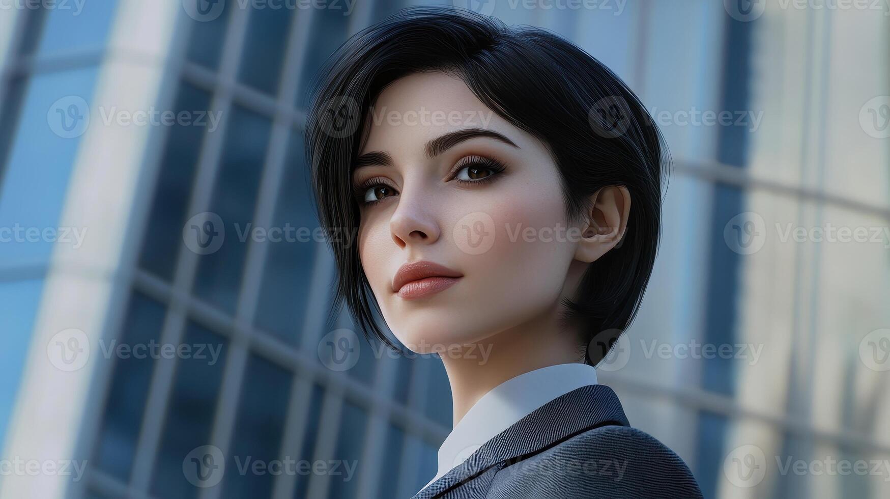 Confident Young Businesswoman in Formal Attire with Modern Skyscraper Background, Concept of Leadership, Ambition, Professionalism, and Success photo