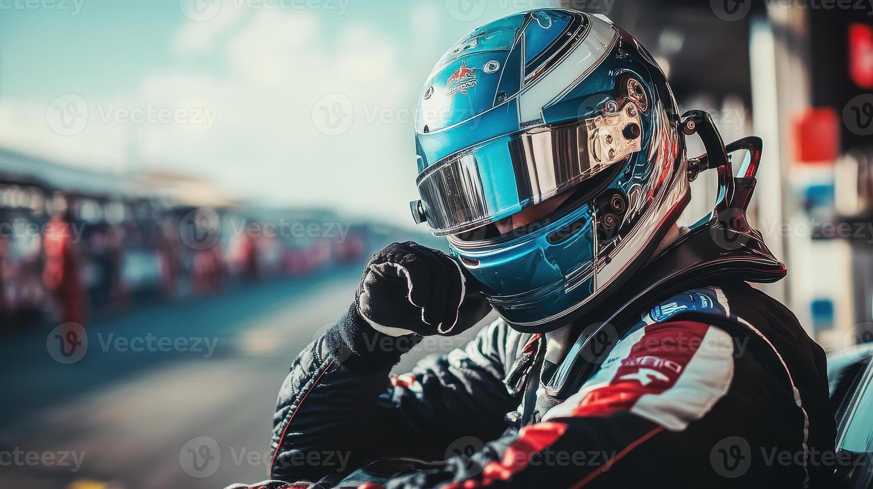 Race Car Driver in Blue Helmet Preparing in Pit Lane, Concept of Motorsport, Speed, Competition, and Professional Racing photo