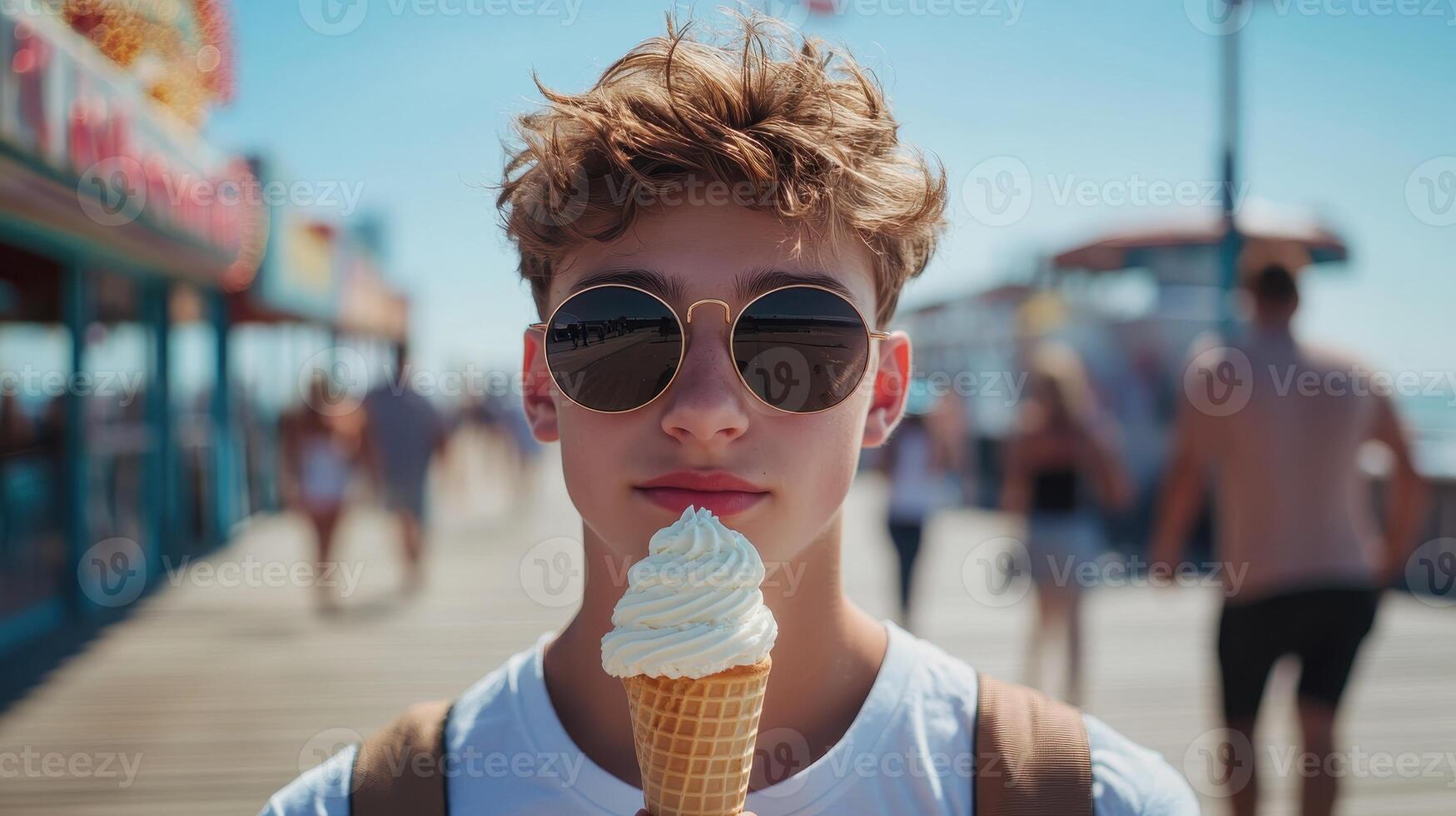 Young Man Holding Ice Cream Cone on Sunny Boardwalk, Wearing Round Sunglasses, Summer Beach Vibes, Casual Vacation Style, Tourist Destination, Fun Day Out, Relaxed Coastal Atmosphere photo
