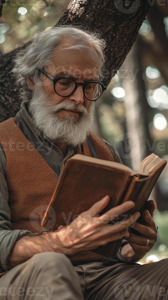 Elderly man reading a book under a tree, close-up of thoughtful senior with glasses and white beard, peaceful outdoor setting, wisdom and solitude, autumn afternoon, reflective older adult. photo