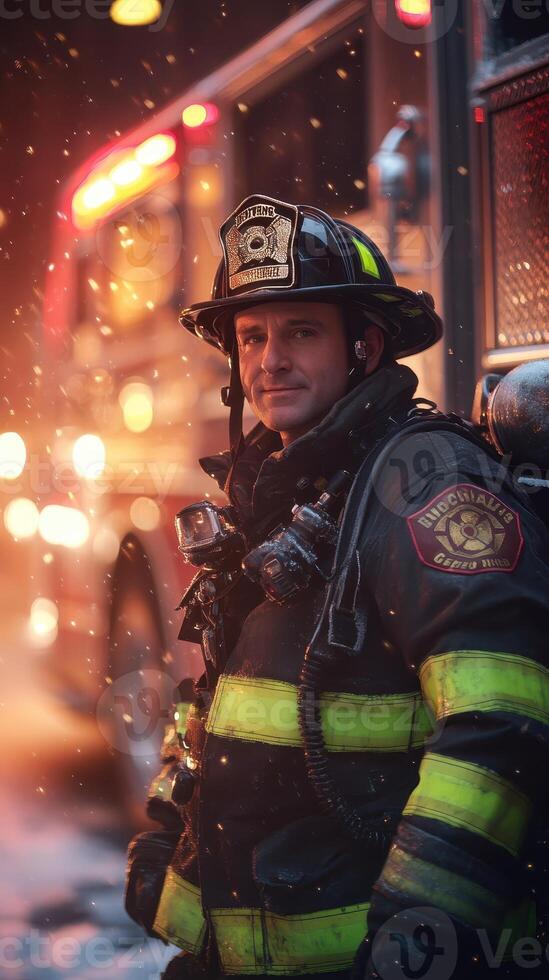 Firefighter Standing in Front of Fire Truck Amidst Glowing Sparks, Concept of Heroism, Emergency Response, Firefighting, Public Safety, Brave First Responders photo