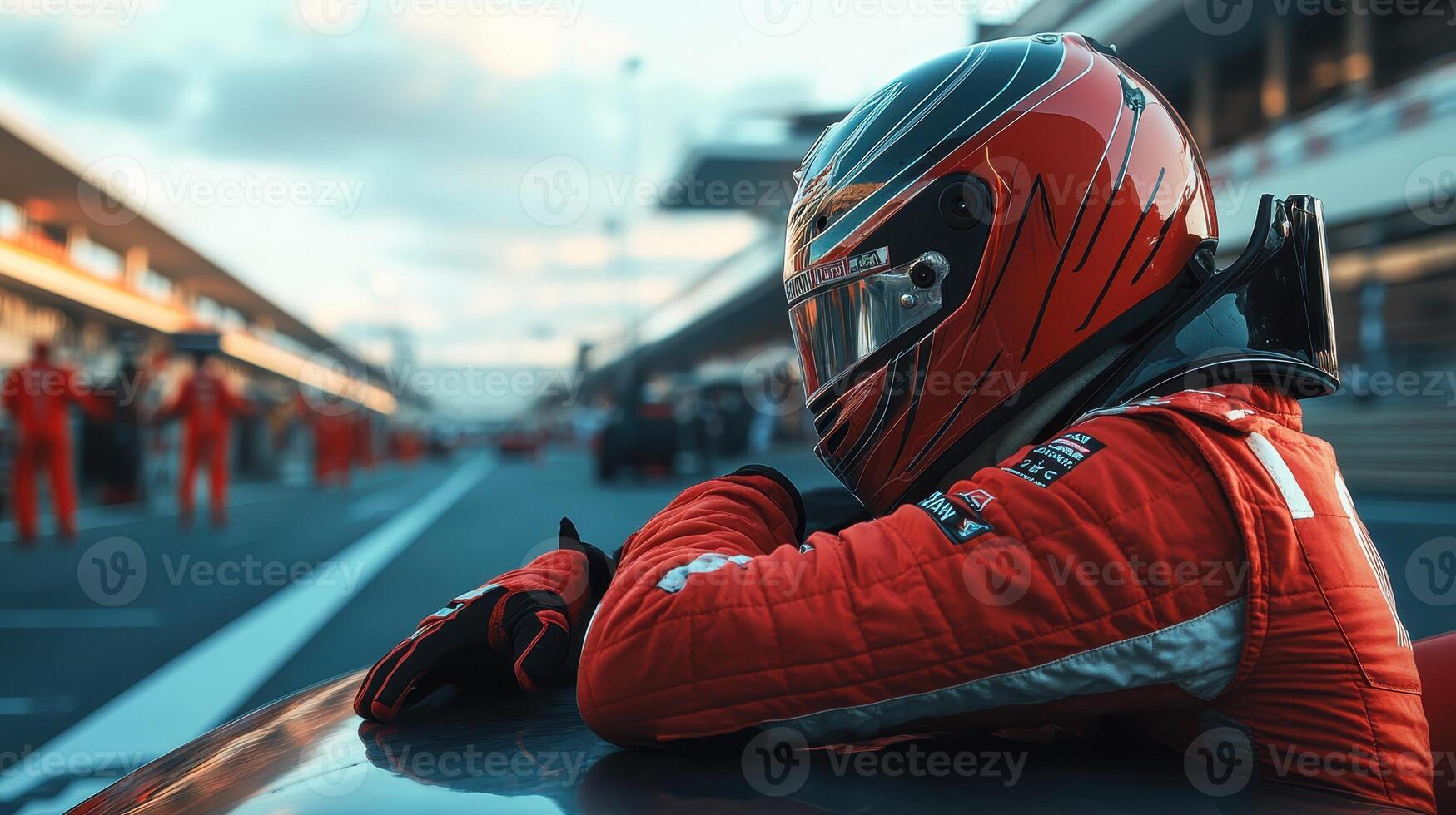 Focused Race Car Driver in Red Racing Suit Leaning on Vehicle in Pit Lane, Concept of Motorsport, Speed, Competition, and Professional Racing photo