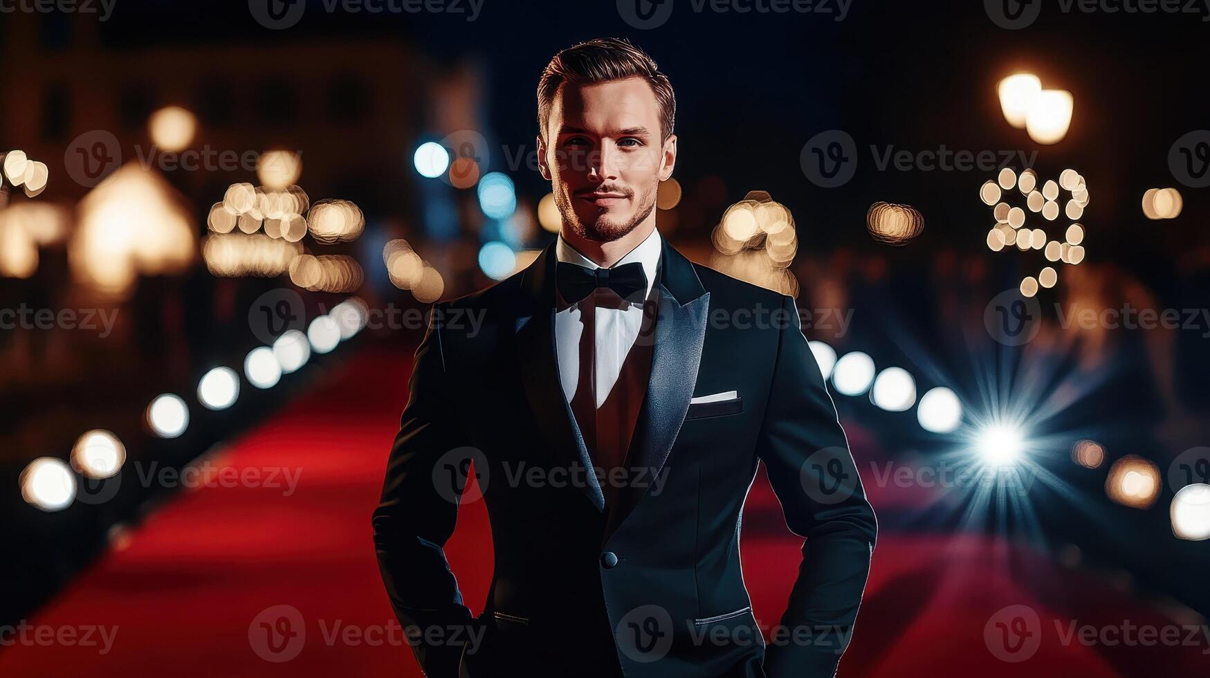 Elegant Man in Tuxedo Standing on Red Carpet at Night, Concept of Glamour, Celebrity Events, Formal Fashion, and Luxury Lifestyle photo