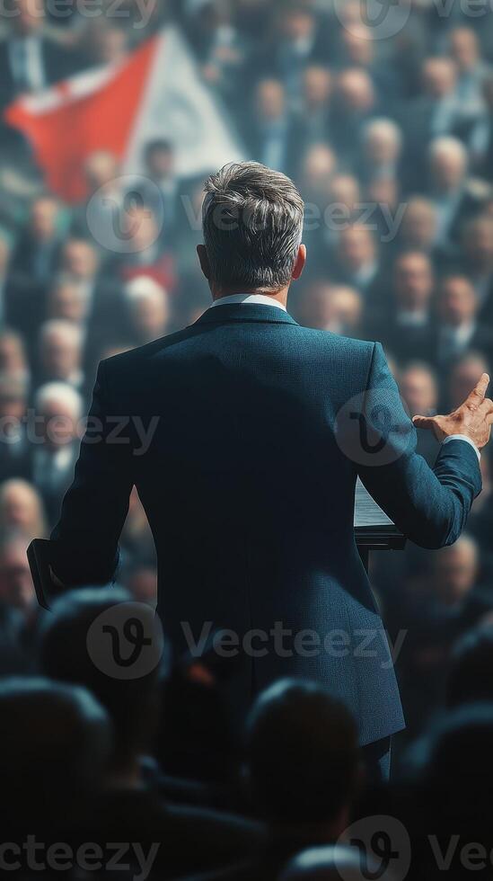 Speaker Addressing a Large Audience in a Conference or Political Rally, Concept of Leadership, Public Speaking, Inspiration, Governance, and Communication photo