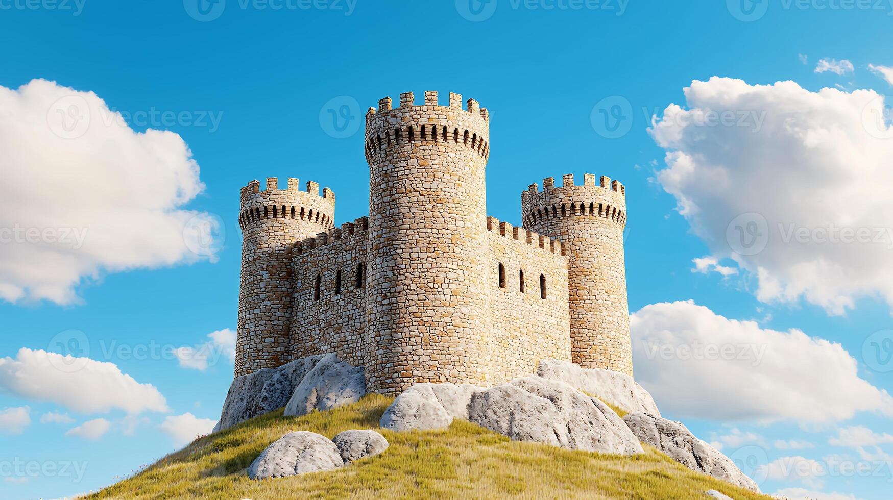 Majestic Stone Castle on Hilltop under Sunny Sky with Fluffy Clouds photo