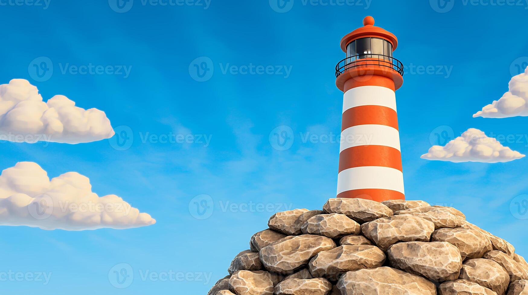 A cheerful cartoon lighthouse standing on rocks against a bright blue summer sky with fluffy white clouds, a beacon of hope and gu photo