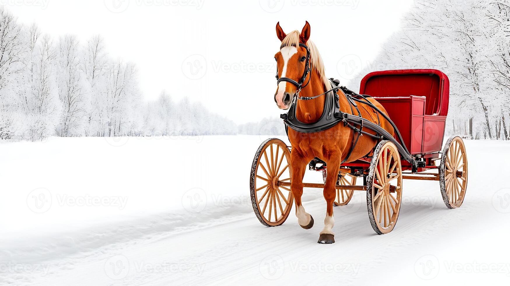 Majestic Chestnut Horse Pulling Vintage Red Carriage Through Snowy Winter Landscape photo