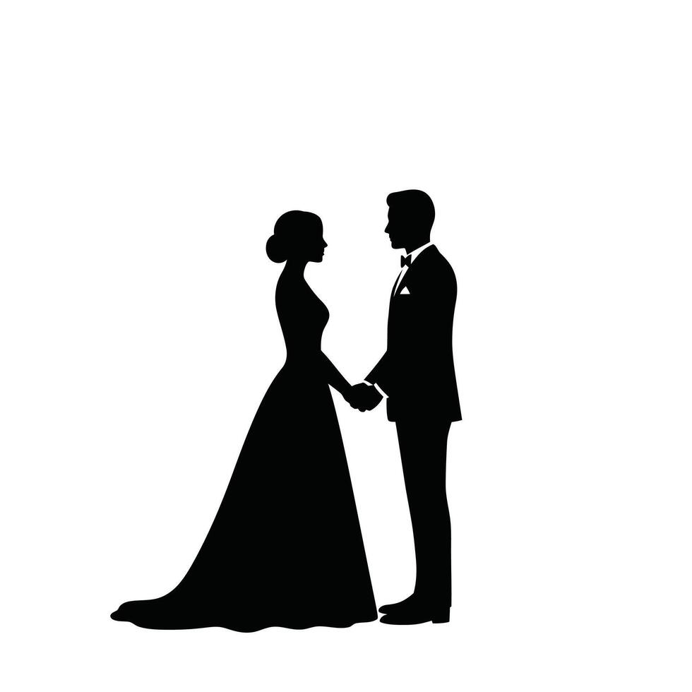 A silhouette of a bride and groom standing together vector