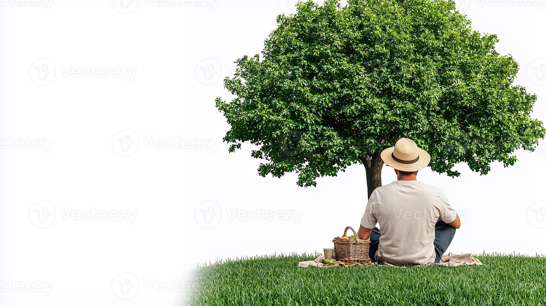 A contemplative man finds peace and tranquility beneath a vibrant green tree on a sunny day, surrounded by a lush grassy landscape photo