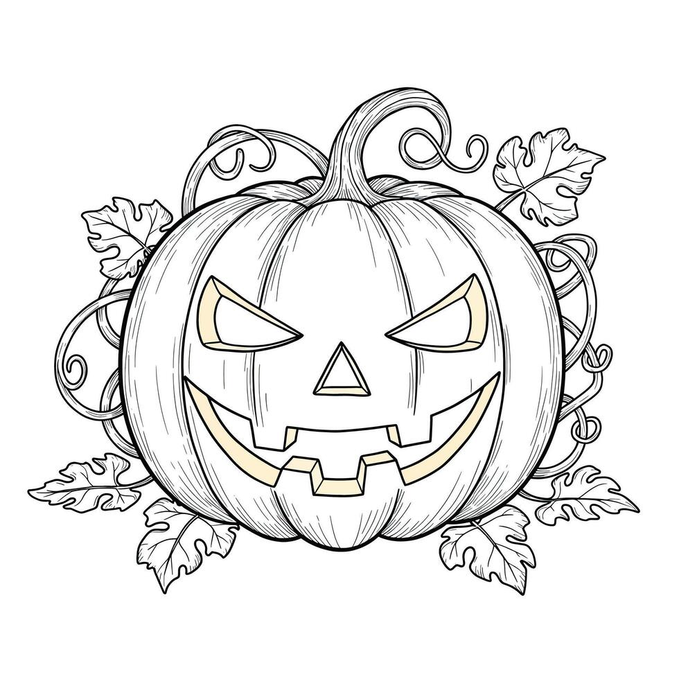 A Classic Jack-O -Lantern With a Smiling Carved Face. Add Vines and Leaves Around the Pumpkin With Thick Outlines for Easy Coloring vector