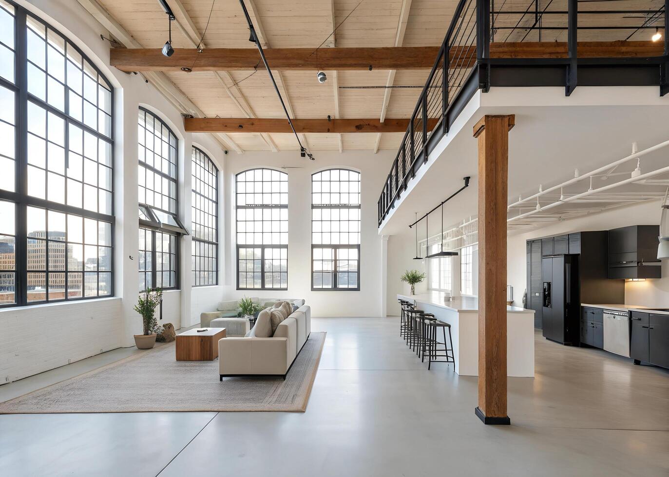An open loft with high ceilings and lots of windows photo