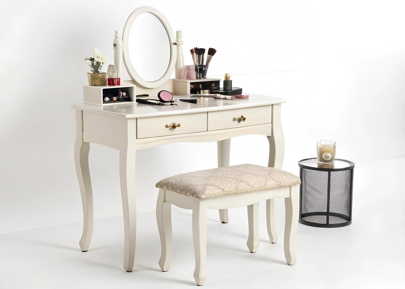 A white vanity table with a mirror and stool photo