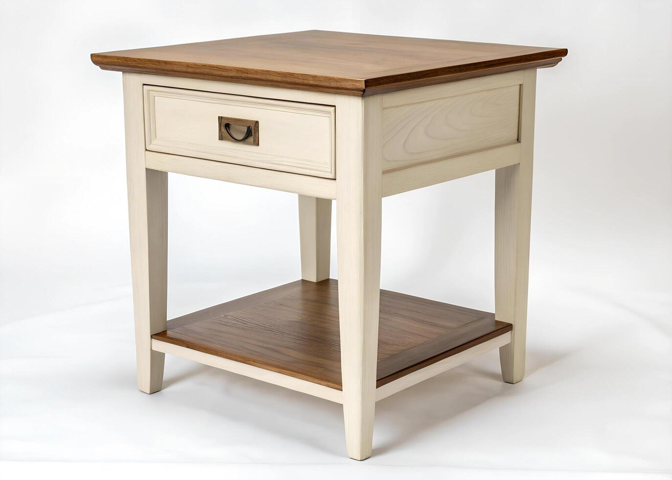 A small white and wood end table with a drawer photo