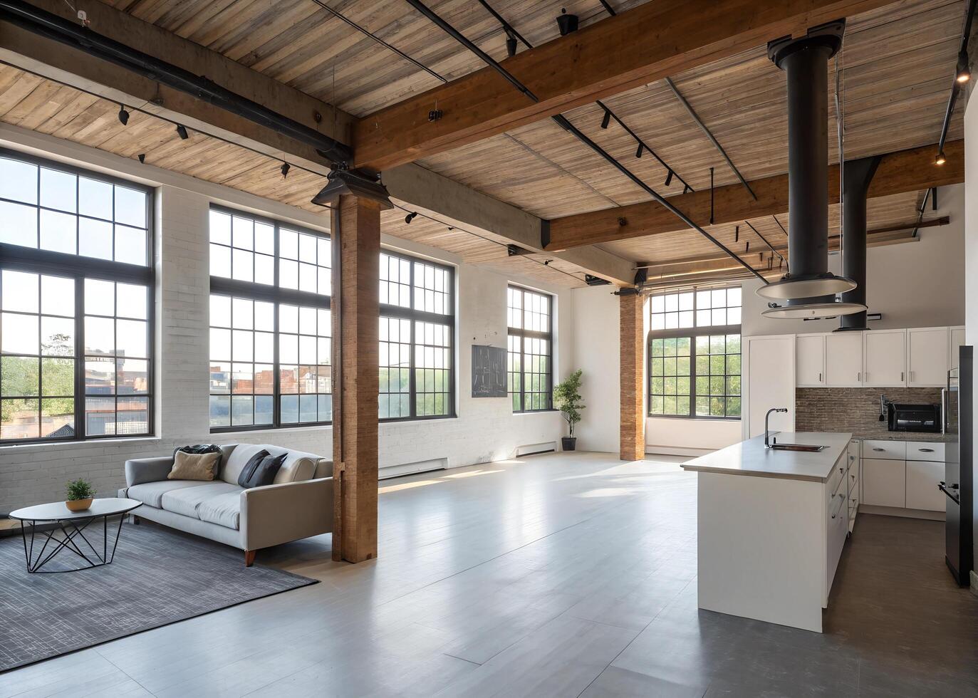 An open concept loft with exposed brick walls and high ceilings photo