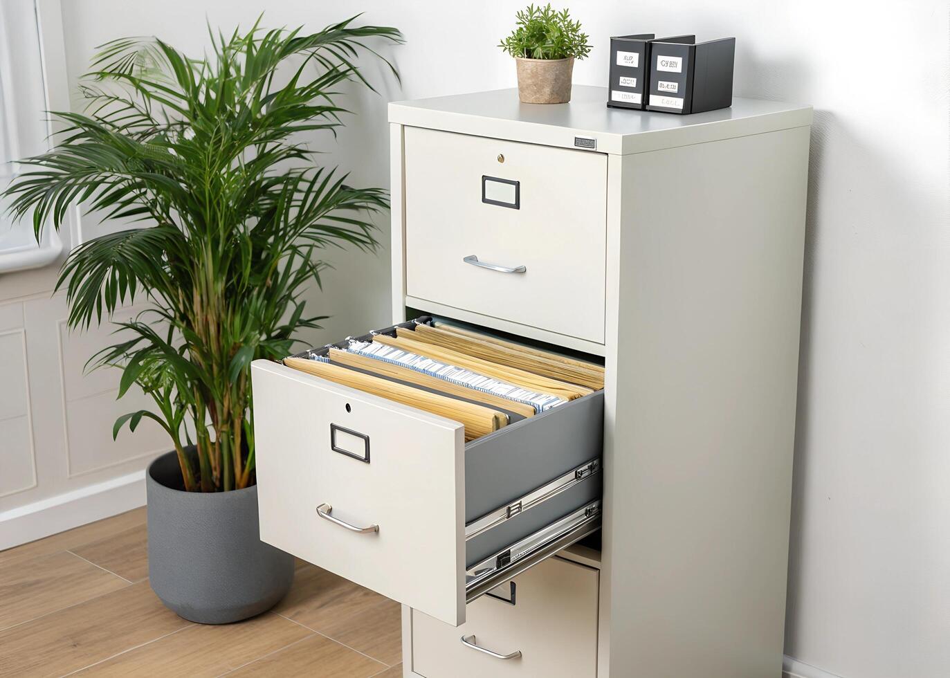 A file cabinet with files and a plant photo