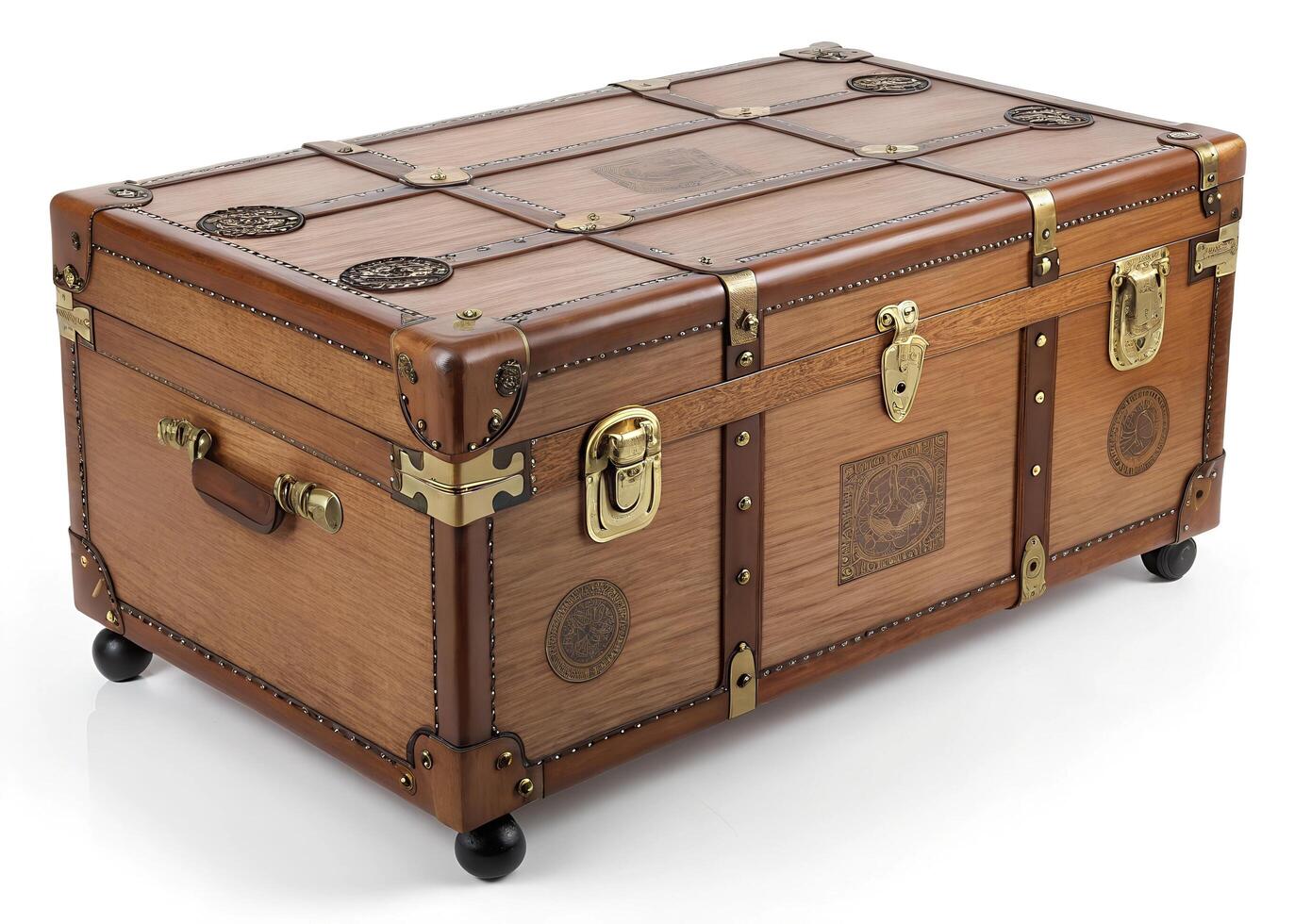 A large wooden trunk with brass handles and brass hardware photo