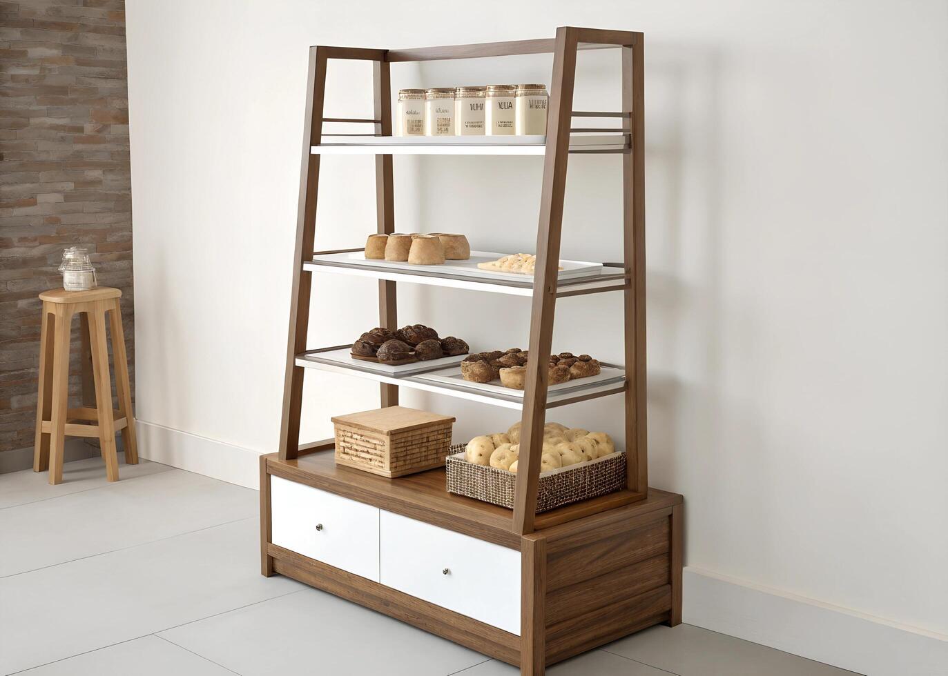 A wooden ladder with a shelf and a basket photo