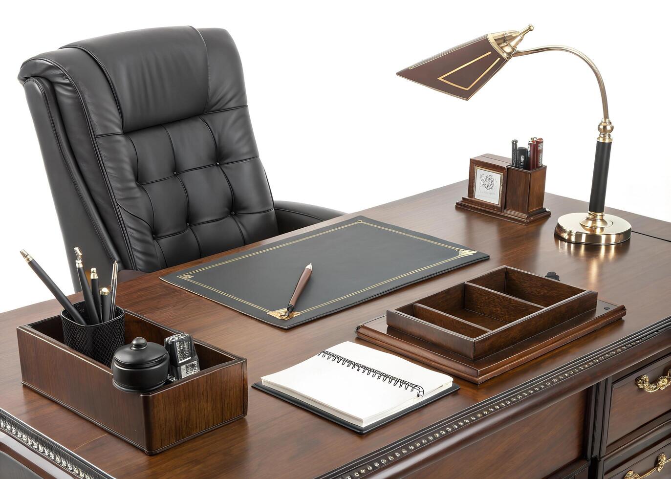 A desk with a chair and a lamp photo
