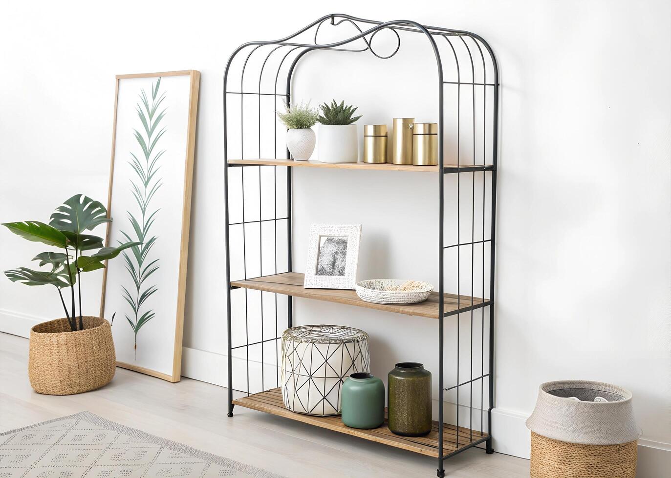A black and white shelf with plants and vases photo