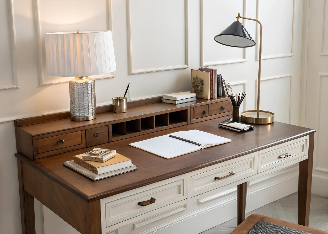 A desk with a lamp, a lampshade and a lamp photo
