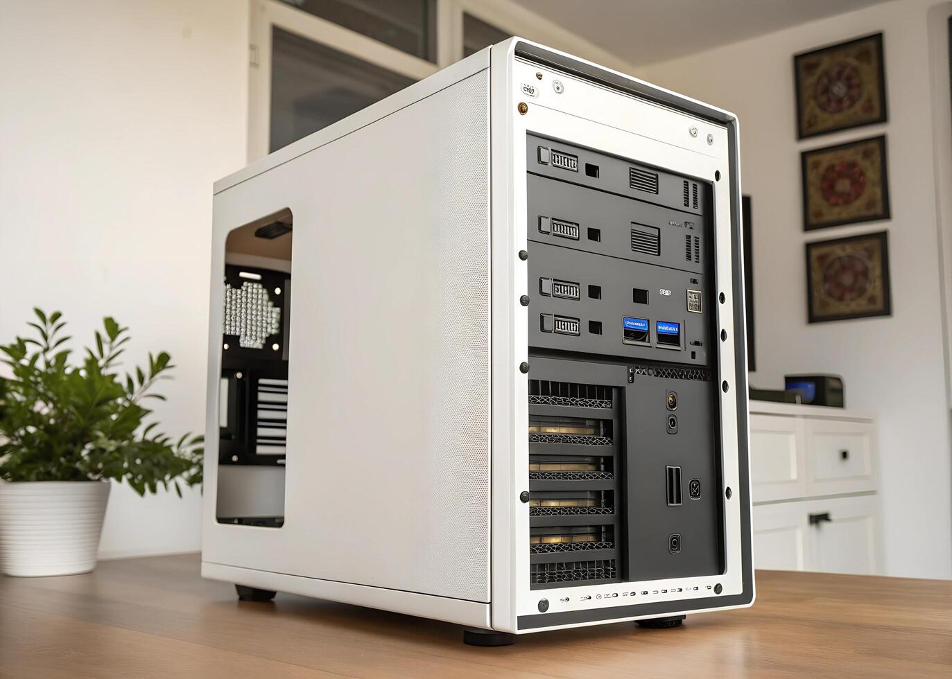 A white computer case sitting on top of a wooden table photo
