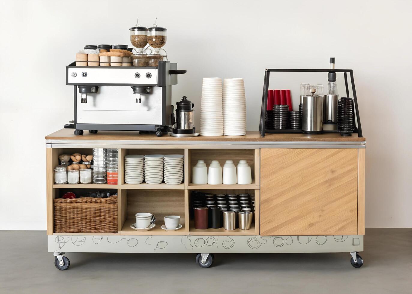 A coffee cart with a variety of coffee machines and cups photo
