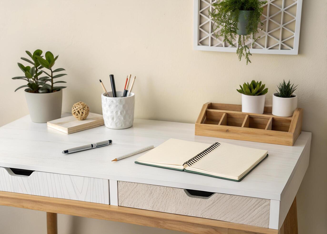 A desk with a notebook, pen, and a plant photo