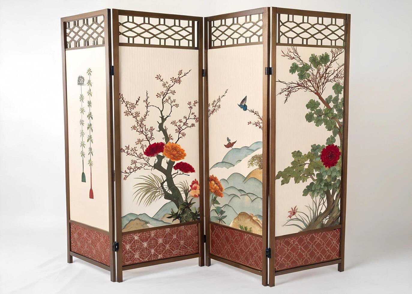A room divider with oriental design on the front photo