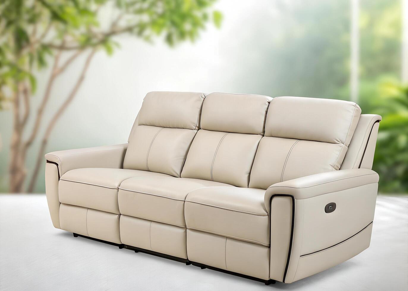 The reclining leather sofa is in a room with plants photo