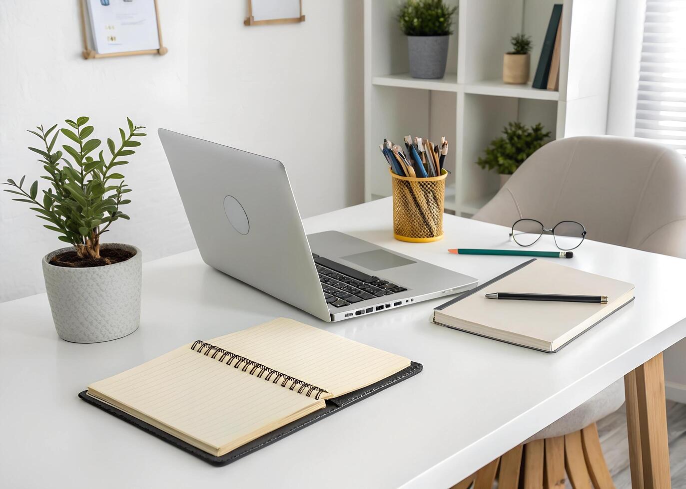 A white desk with a laptop, notepad, and a plant photo