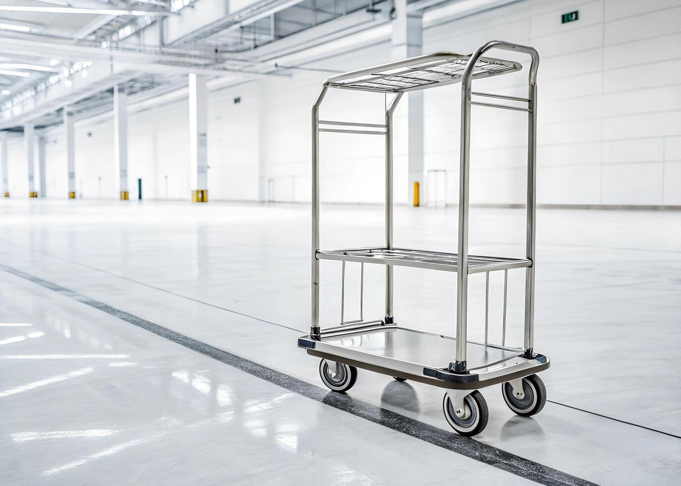 A metal trolley is sitting in an empty warehouse photo
