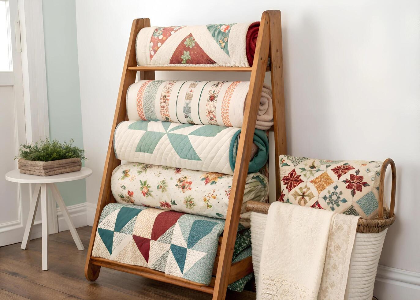 A ladder with quilts on it and a basket photo