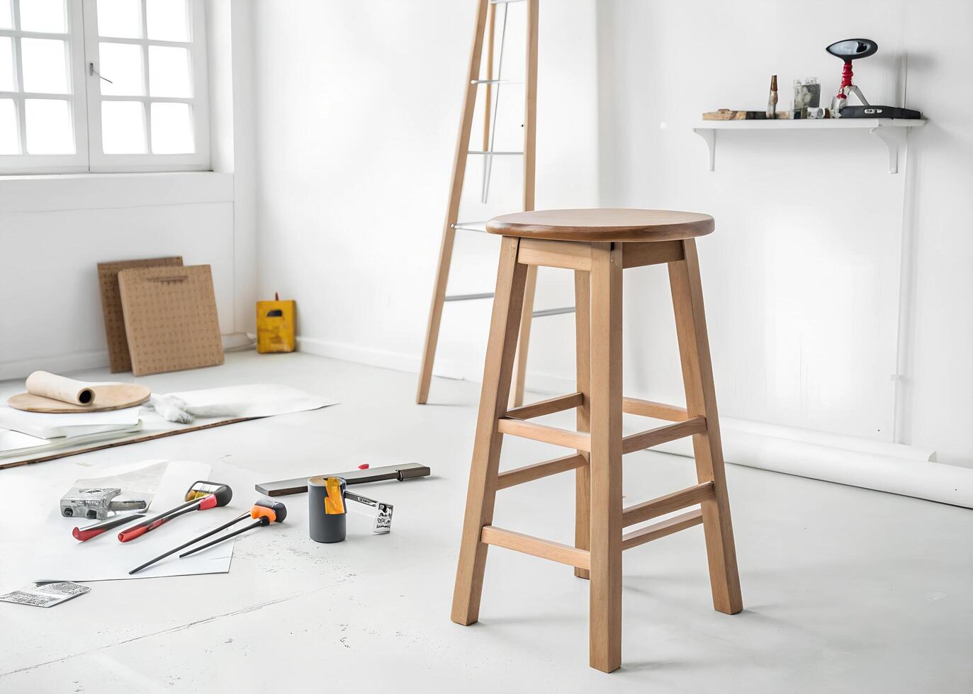 A stool in a room with a ladder and other tools photo