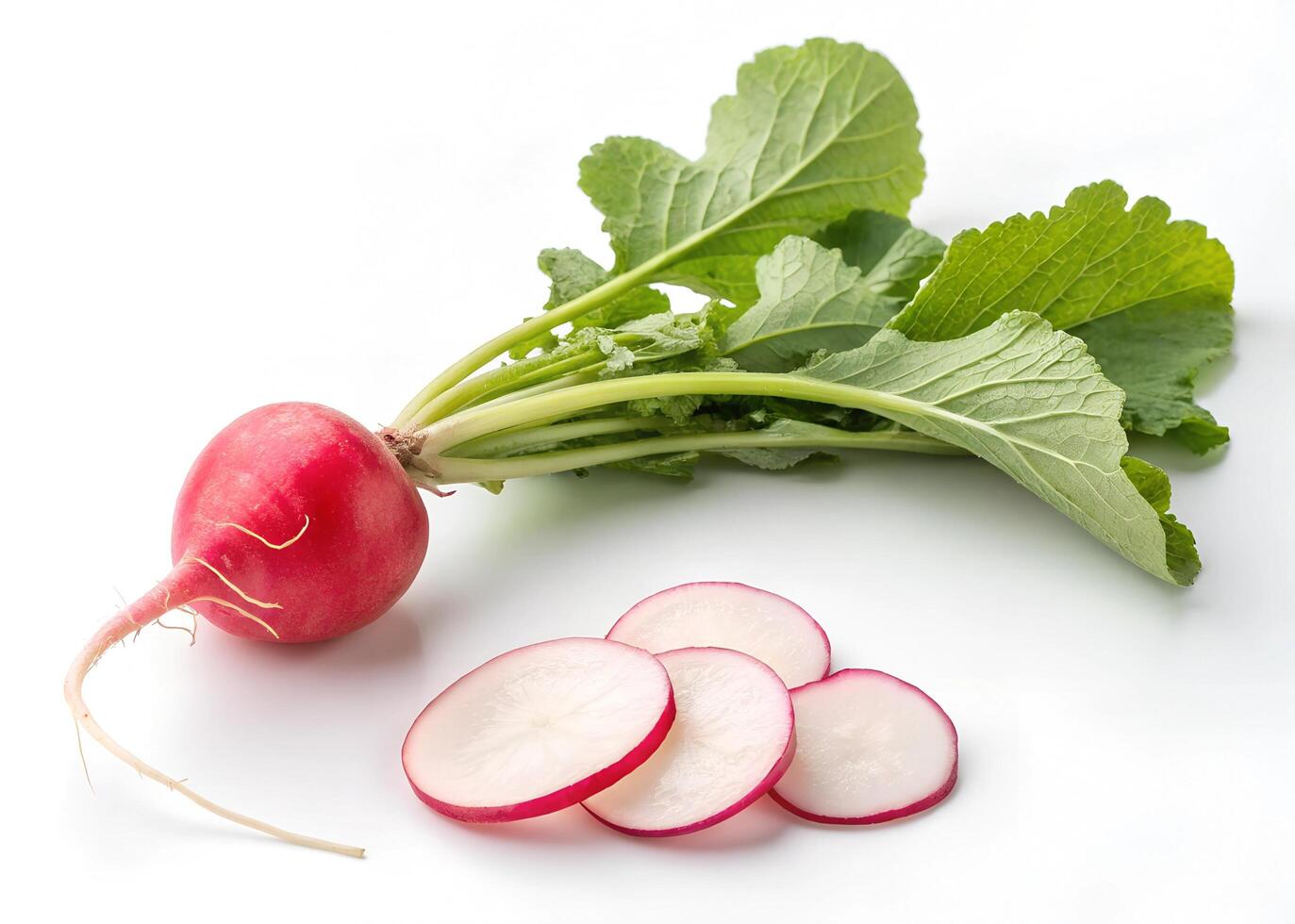 A fresh radish with vibrant green leaves rests on a white background photo