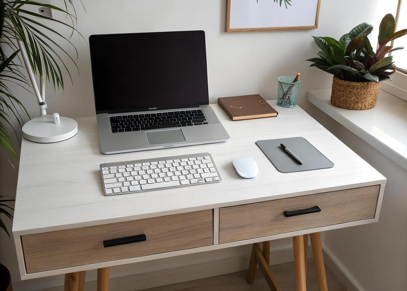 A laptop on a desk with a keyboard and mouse photo