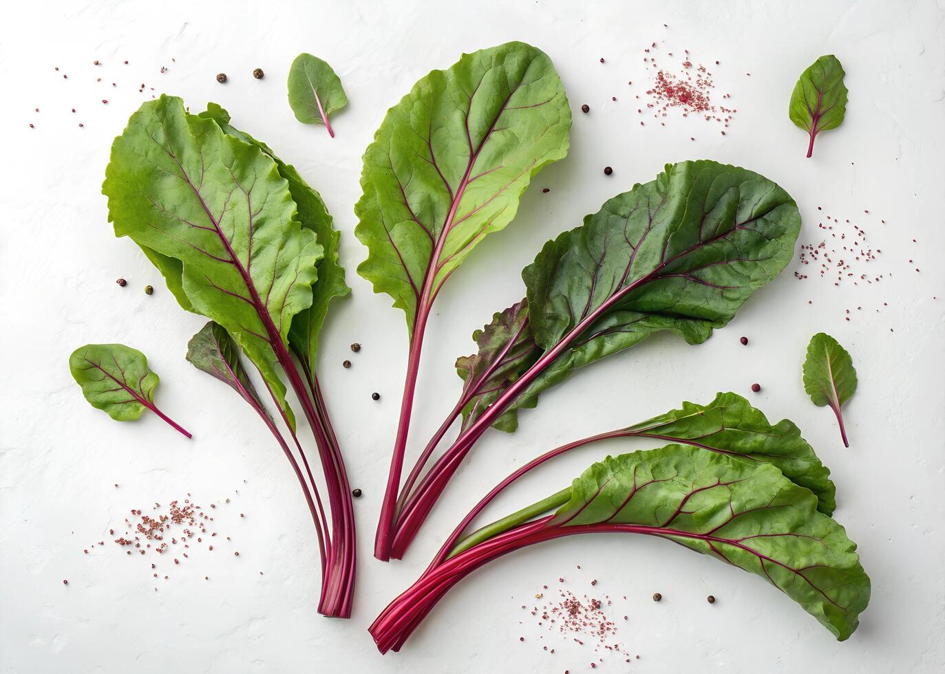 Several Swiss chard leaves with vibrant green color and deep red stems are spread on a white surface photo