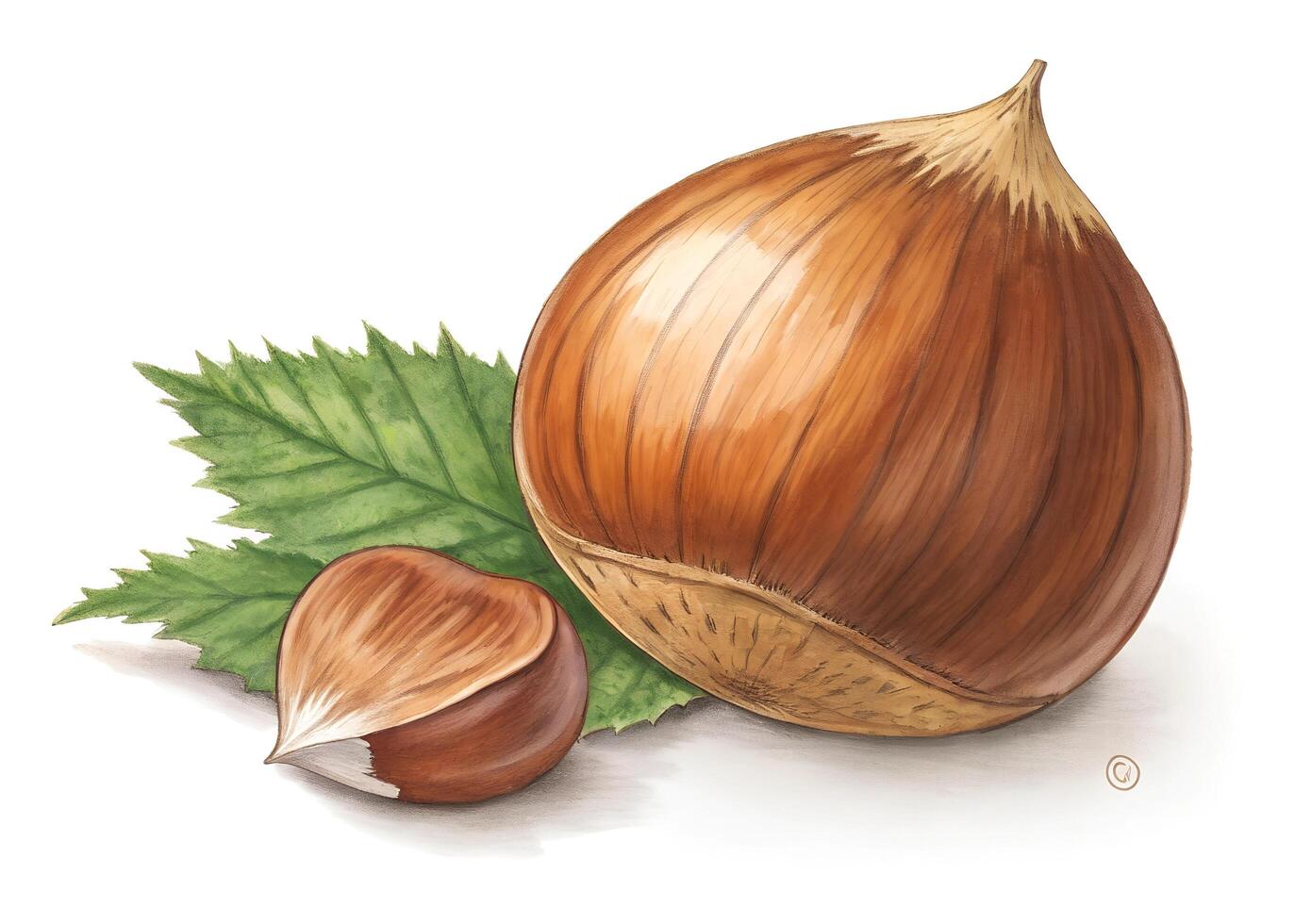 A realistic illustration features a large and a small brown chestnut with smooth, shiny surfaces photo