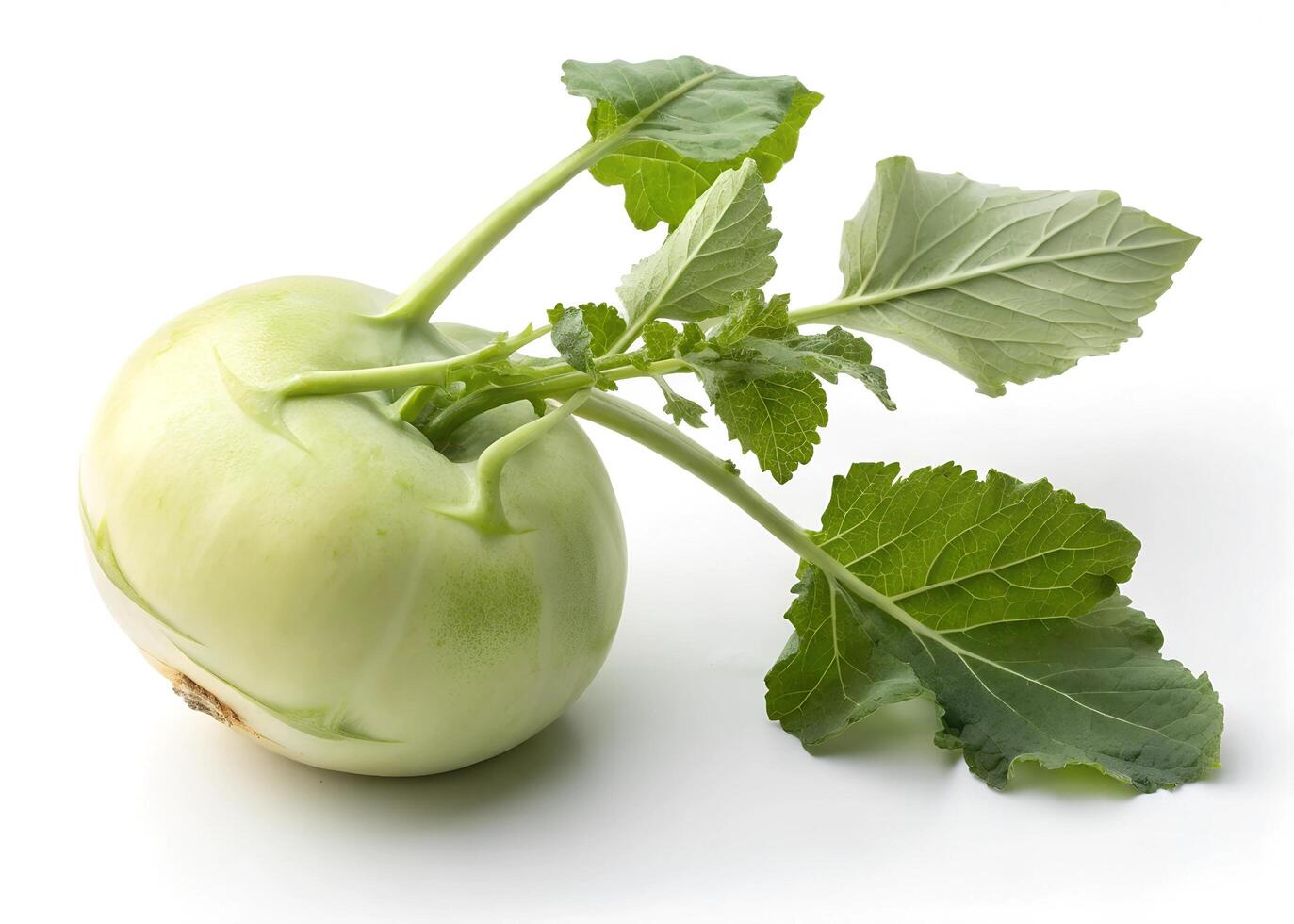 Kohlrabi with a round, light green bulb and elongated stems adorned with broad, photo