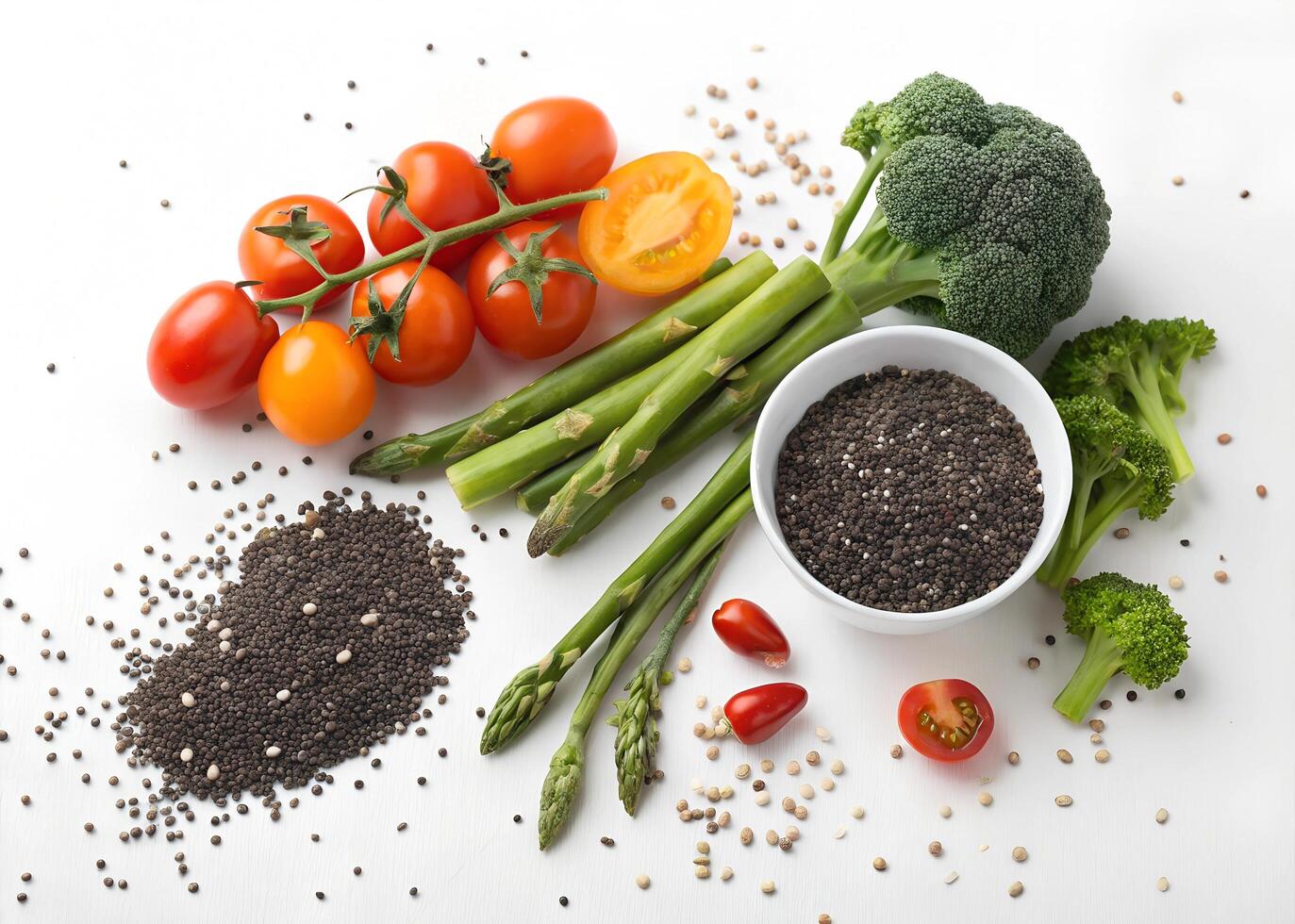 On a white background, fresh vegetables and seeds are arranged photo