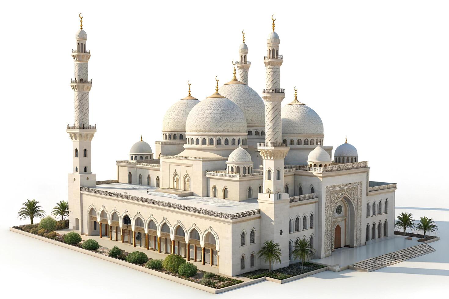 Ornate mosque featuring multiple large domes adorned with golden crescent moons photo