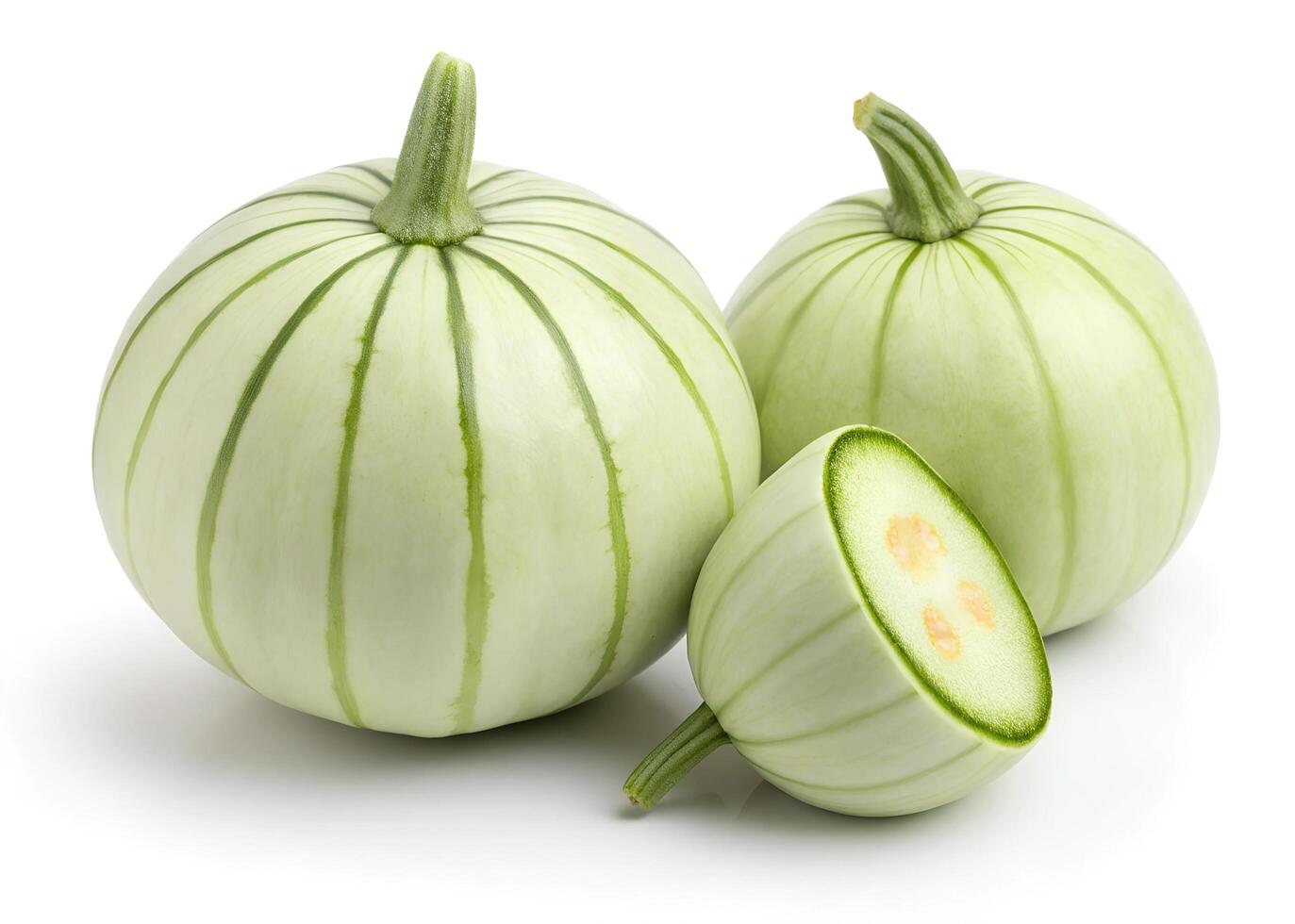 Three pale green pumpkins with vertical grooves are displayed against a white background photo