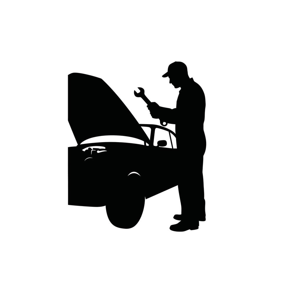 A silhouette of a man with a wrench under the hood of a car vector