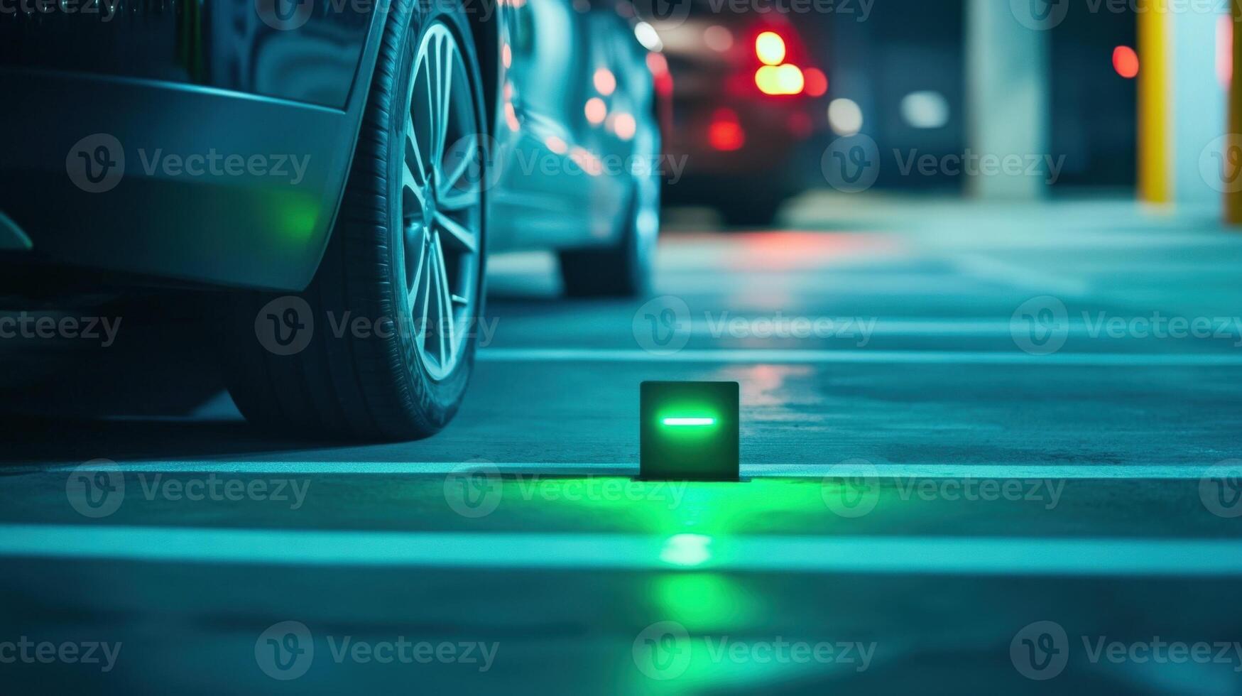 Closeup of a vehicle parking in a marked spot under a sensor equipped with IoT technology. The device glows green signaling that the space is available and connected to a centralize photo