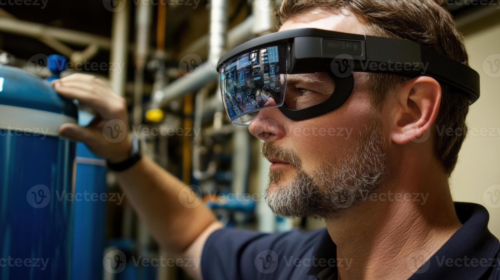Technician wearing augmented reality glasses inspecting industrial machinery using iot technology photo