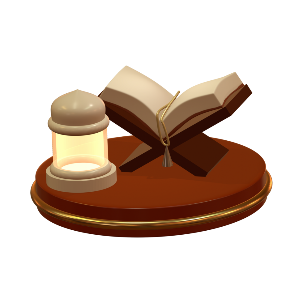 an open book and candle on a wooden stand 3d ramadan icon png