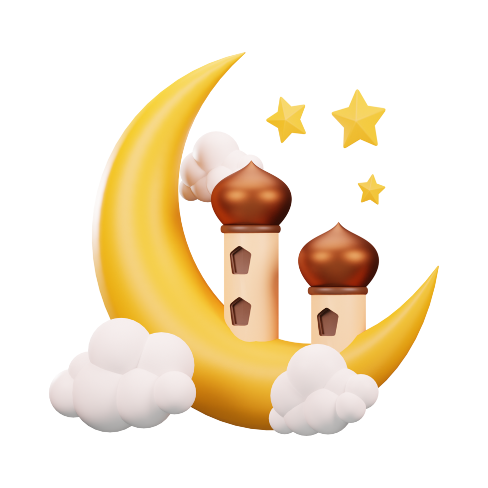 islamic mosque with clouds and stars on a crescent, 3d ramadan icon png