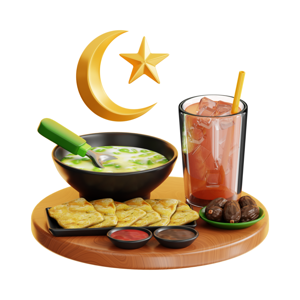 a plate with food and a crescent moon. 3d ramadan icon png