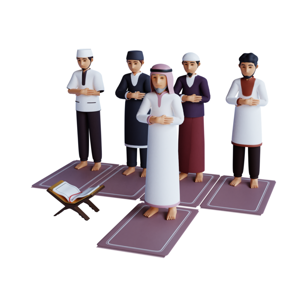 islamic people standing on a rug, with a book in the middle, 3d ramadan icon png